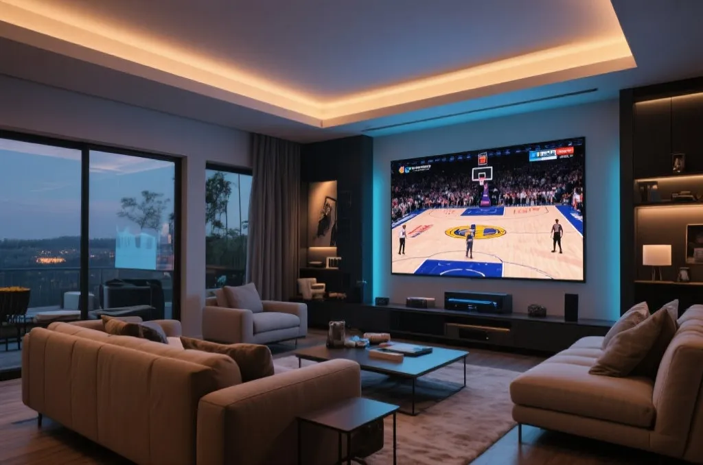Modern home entertainment setup with a large screen displaying a sports game in vivid detail