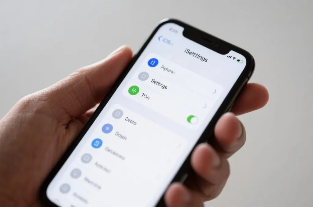 Close up of a hand holding an iPhone showing the iOS settings menu, minimal design, professional photography